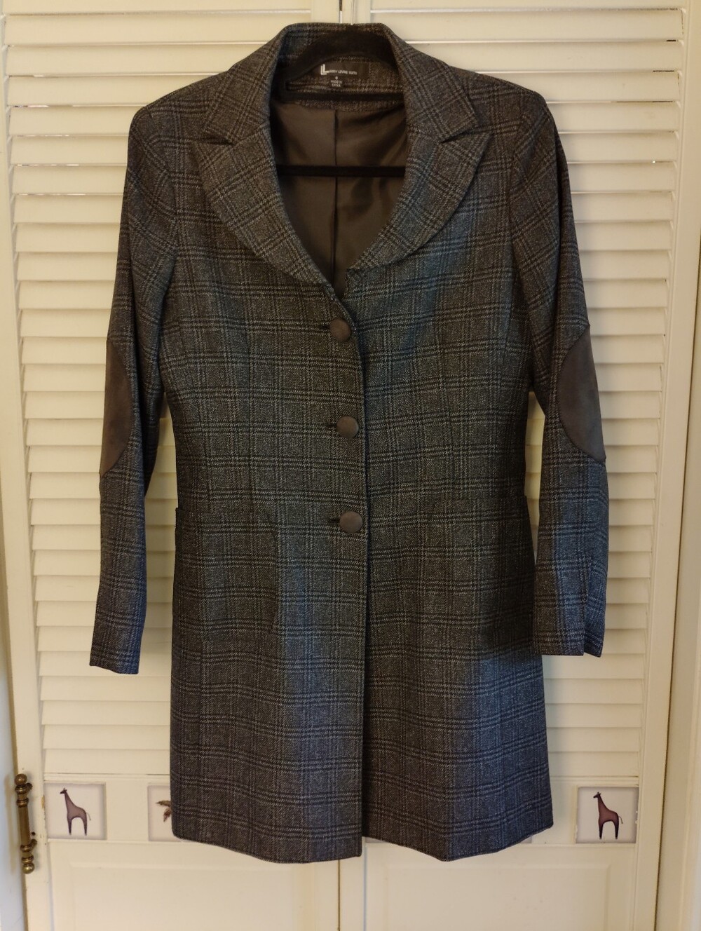 Larry Levine Charcoal Plaid Long  Blazer with Leather Elbow Patches